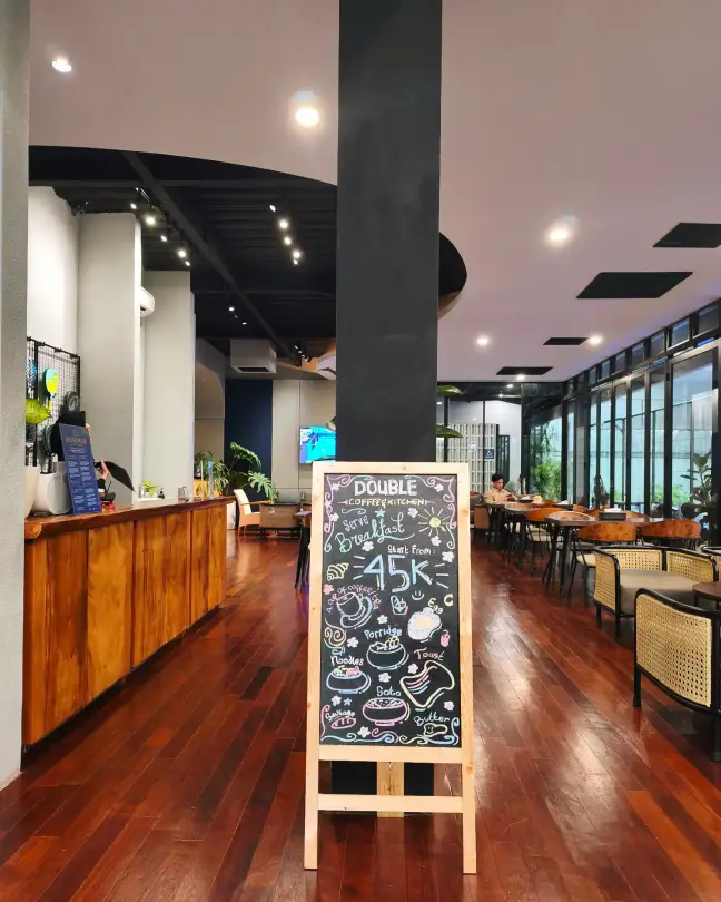 Café interior with chalkboard menu